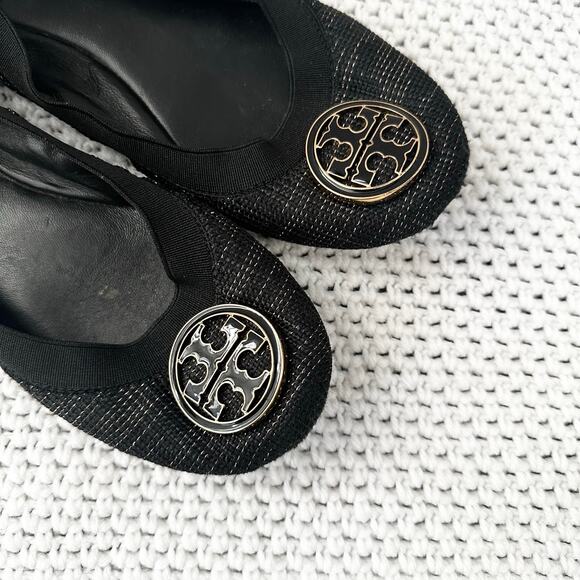 Tory Burch Black Gold Tweed Fabric Caroline Classic Reva Ballet Flats Shoes 6.5 - Picture 3 of 12